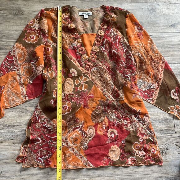 Desi Y2K Top Beading Floral Flowy Mesh Vintage Medium Orange Coldwater Creek - Picture 8 of 8